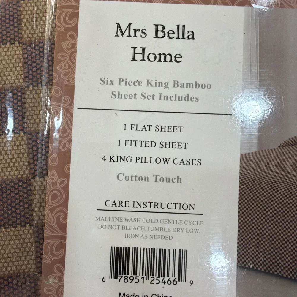 Mrs Bella Home King Bamboo Sheet Set 4-Piece Brown Check Pattern